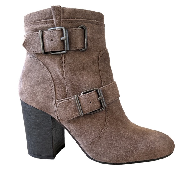 Vince Camuto Shoes - Vince Camuto "Simlee" Soft Tan Suede Leather Buckle Detail Side Zip Ankle Boots
